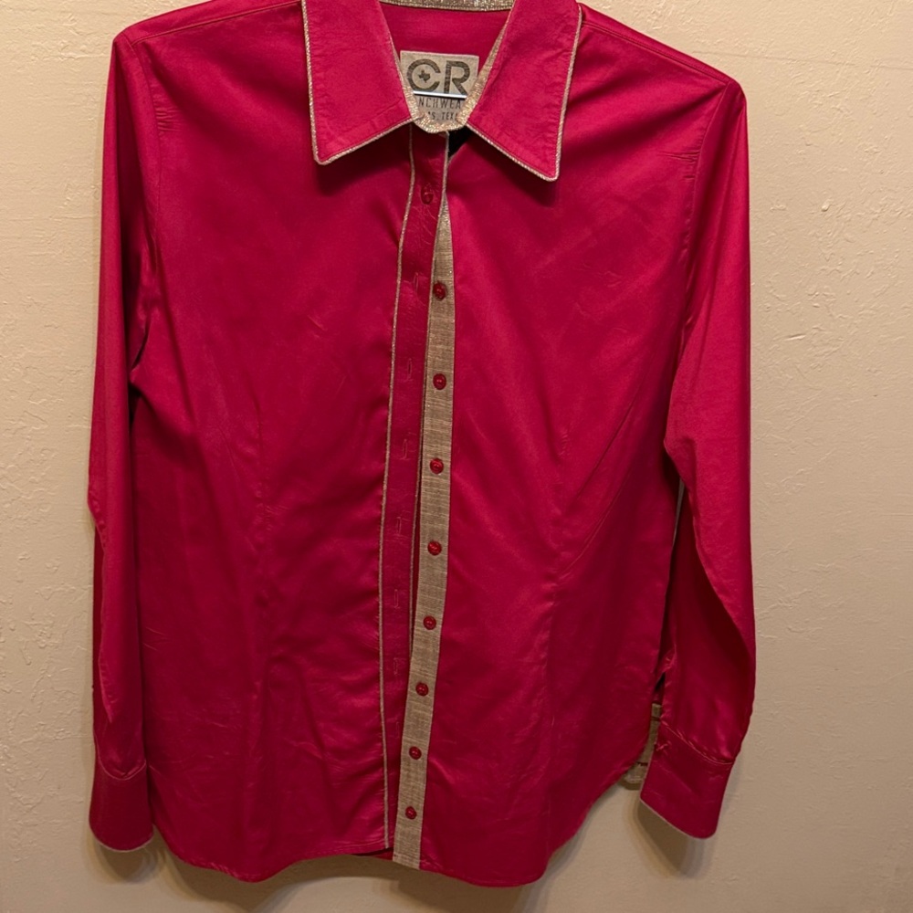 Red Button-Up Shirt with Gold Accents